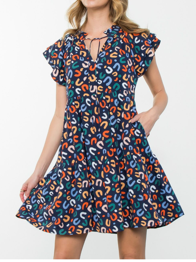 Ursula Flutter Sleeve Print Dress Navy / Xs