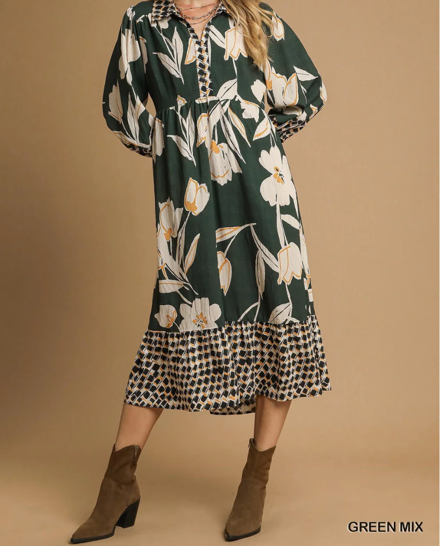 Umgee - Floral Tiered Dress - Final Sale Item S / Green Mix Umgee - Floral Tiered Dress - Final Sale Item S / Green Mix