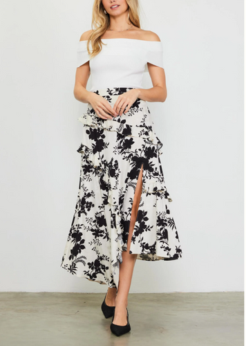 Skies Are Blue- Jacquard Ruffle Midi Skirt