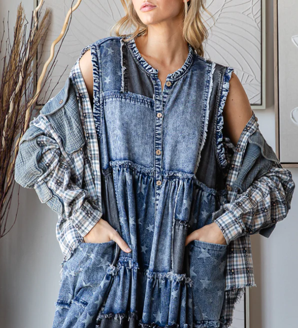 Oli & Hali - WASHED PATCHWORK SLEEVELESS DUSTER