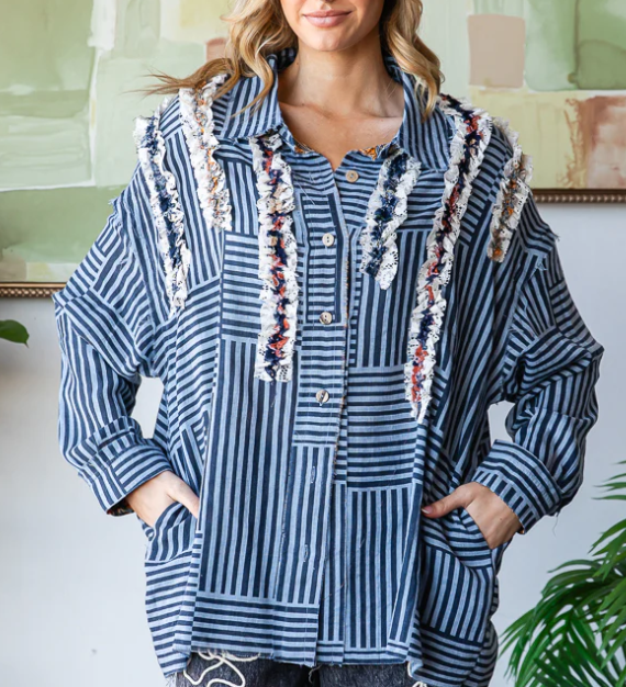 Oli & Hali -  RUFFLE CONTRAST DETAIL STRIPED BUTTON DOWN SHIRT