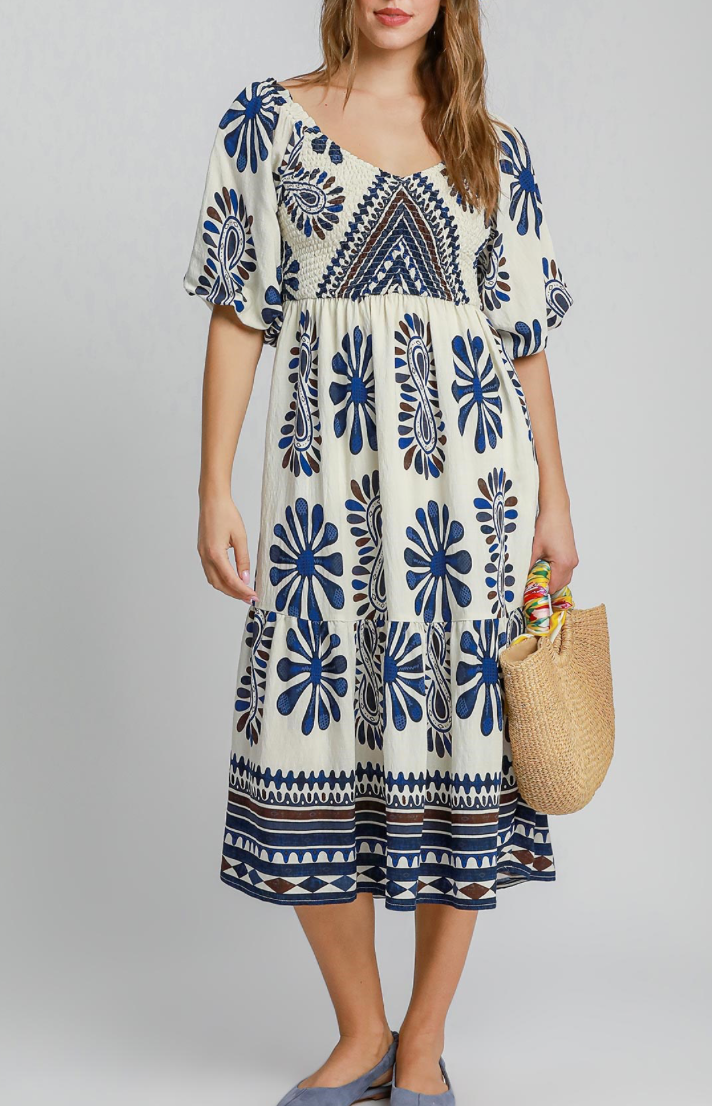 umgee tiered midi dress Umgee - Border Print Tiered Midi Dress
