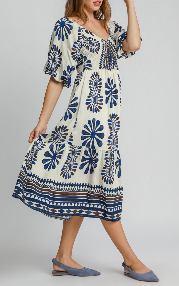 Umgee - Border Print Tiered Midi Dress