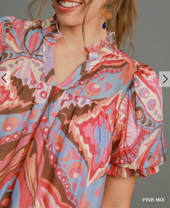Umgee -Boho Swirl Ruffle Mini Dress