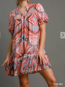 Umgee -Boho Swirl Ruffle Mini Dress