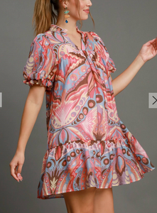 Umgee -Boho Swirl Ruffle Mini Dress