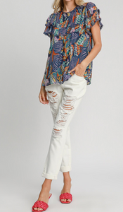 Umgee -Tiered Ruffle Sleeve Blouse