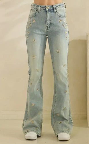 Oli & Hali - Washed Floral Embroidered Denim Pants