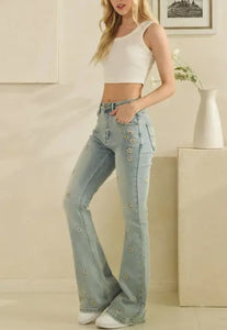 Oli & Hali - Washed Floral Embroidered Denim Pants