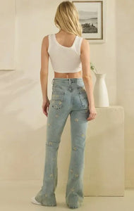 Oli & Hali - Washed Floral Embroidered Denim Pants