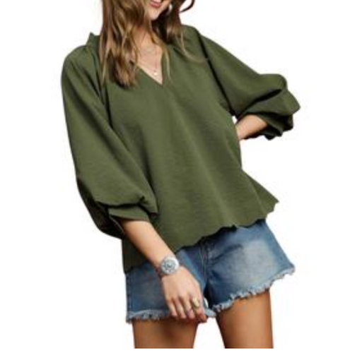 Umgee - Split V Neck Top with Balloon Sleeves