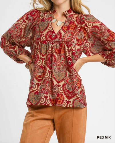 Umgee - Boho Red Mix Paisley Blouse