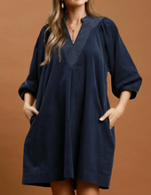 Load image into Gallery viewer, Umgee - Corduroy V-Neck Puff Sleeve Shift Dress with Pockets