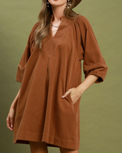 Load image into Gallery viewer, Umgee - Corduroy V-Neck Puff Sleeve Shift Dress with Pockets