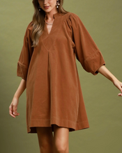Load image into Gallery viewer, Umgee - Corduroy V-Neck Puff Sleeve Shift Dress with Pockets